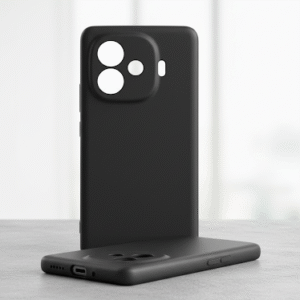 Black silicone case for iQOO Neo 10 R with slim, shockproof, and anti-slip design.