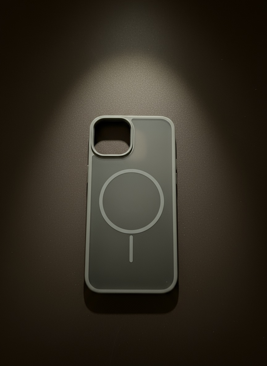 Gray MagSafe iPhone 13 case with magnetic ring and camera cutout on dark background.